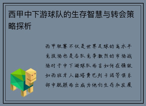 西甲中下游球队的生存智慧与转会策略探析 西甲中下游球队的生存智慧与转会策略探析