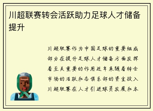 川超联赛转会活跃助力足球人才储备提升