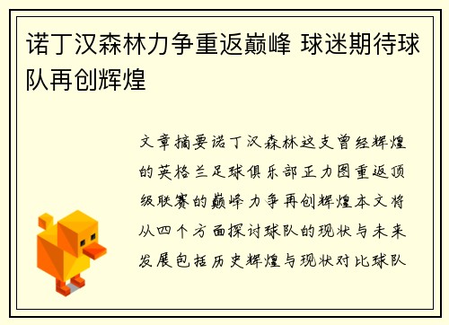 诺丁汉森林力争重返巅峰 球迷期待球队再创辉煌
